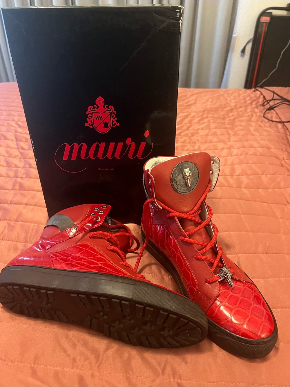 Mauri Red Croc-Embossed Leather High-Tops with Medallion - New